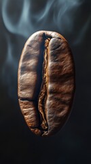 Close-up of a coffee bean with smoke rising, aromatic detail. Coffee and aroma concept