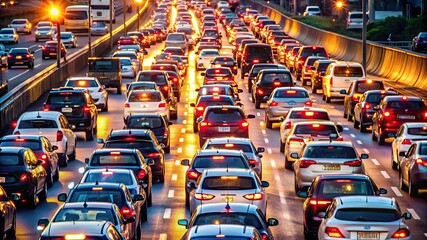 A traffic jam on an expressway during rush hour, with vehicles packed tightly and brake lights glowing, capturing urban congestion and its impact.