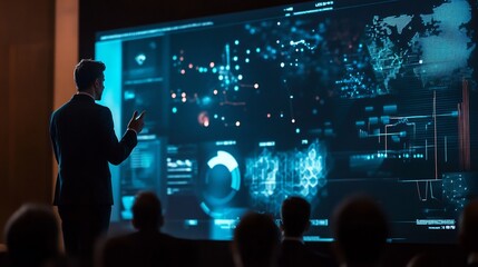 A man in a suit stands in front of a large screen displaying data and a world map, addressing a seated audience.