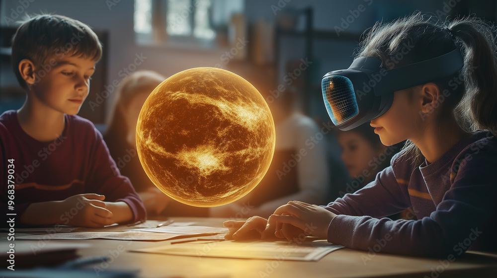 Poster School children using virtual reality glasses studying astronomy in classroom