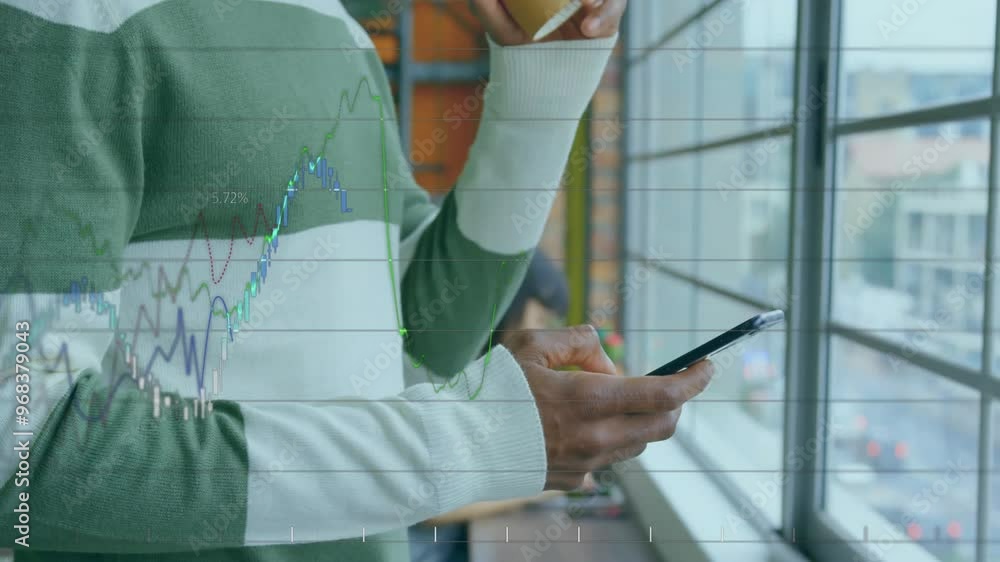 Poster animation of diagrams and data processing over biracial businessman using smartphone in office