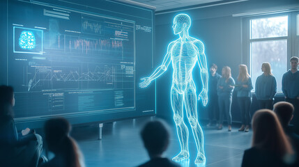Medical students learning anatomy with interactive 3d hologram of human body