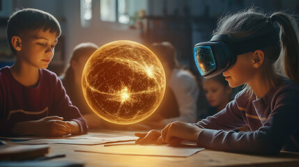School children using virtual reality glasses are exploring a shining earth hologram in a physics lesson