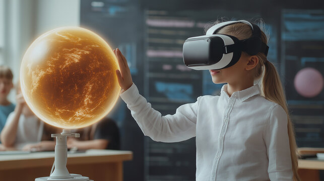 Schoolgirl interacting with hologram of mars planet wearing vr headset in science class