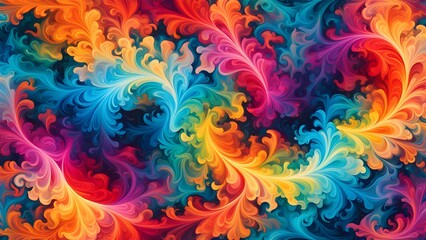 Abstract colorful swirling pattern with vibrant hues of red, orange, yellow, green, blue, purple, and pink on a dark background.