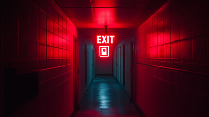Red exit sign lighting empty hallway at night
