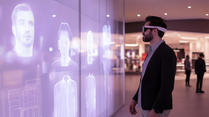 Businessman experiencing virtual reality hologram interface in retail store