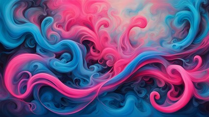 Fototapeta premium Abstract swirl of pink and blue colors, resembling smoke or liquid, on a dark background.