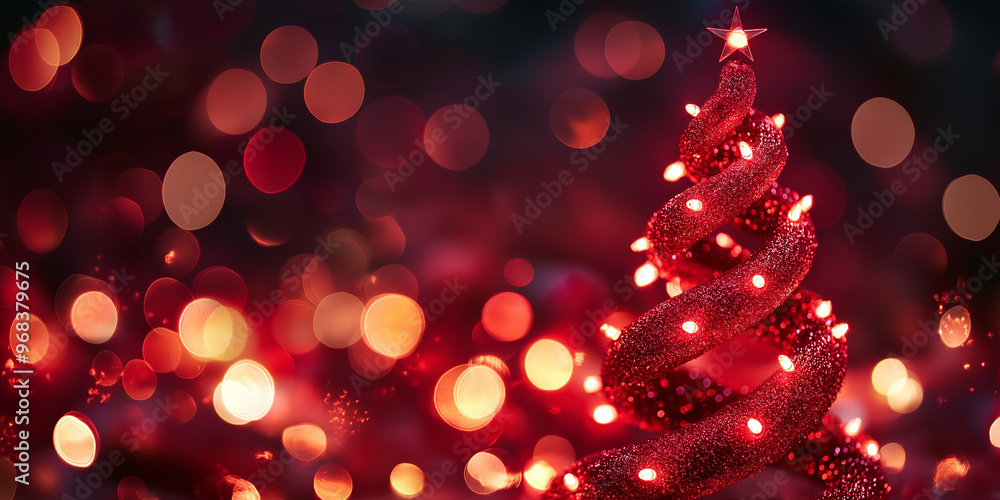 Poster Red christmas tree shining on a festive background with sparkling lights