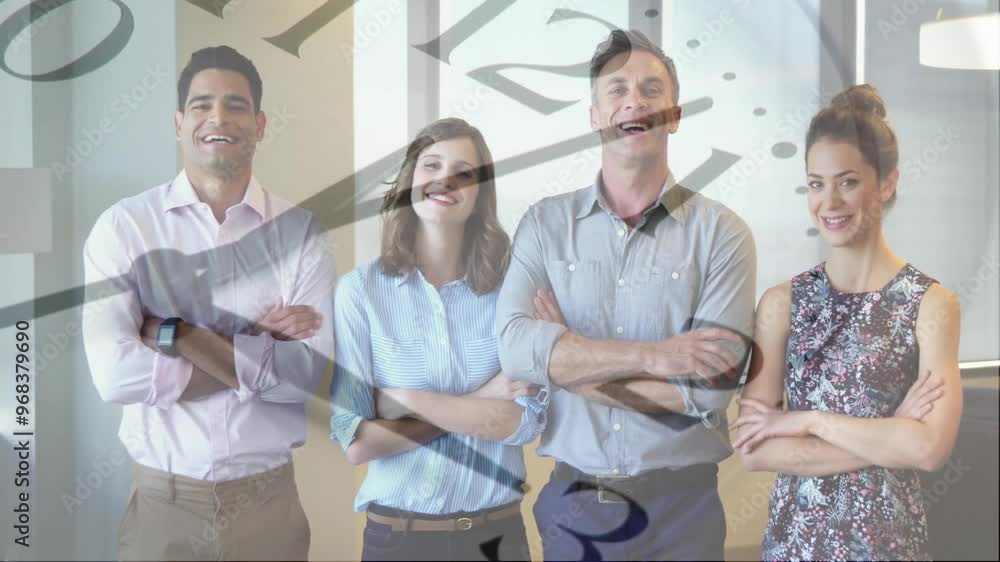 Poster animation of clock moving over diverse colleagues smiling
