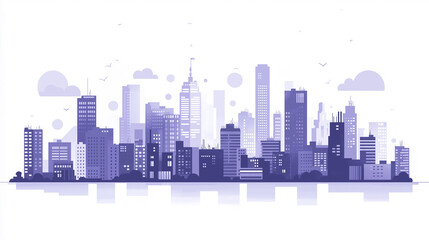 Fototapeta premium Modern city skyline reflecting in water with birds flying