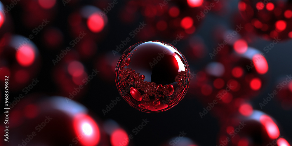 Poster Red sphere reflecting smaller spheres floating on a dark background