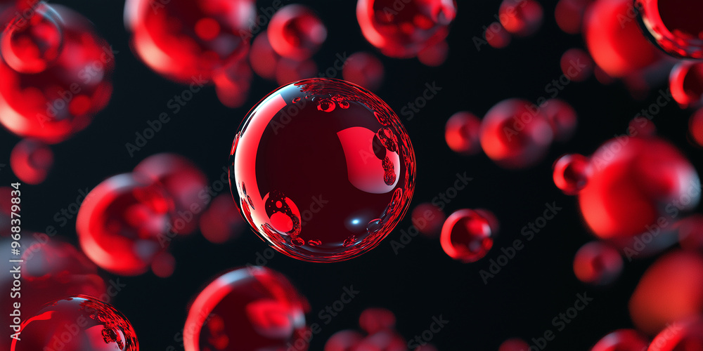 Poster red bubbles floating on a dark background: a microscopic view