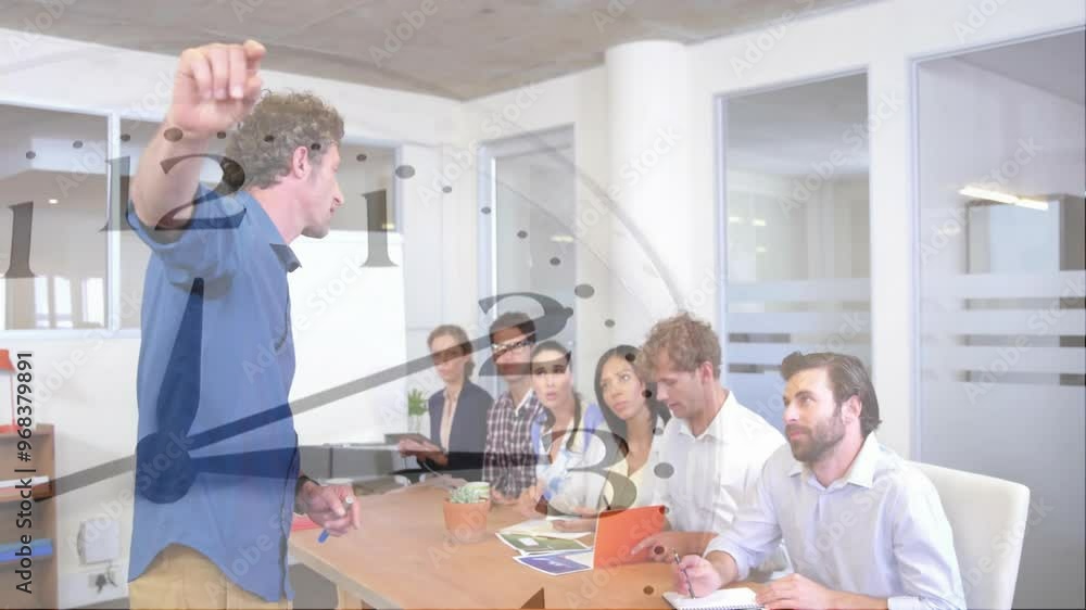 Poster animation of clock moving over diverse colleagues discussing work