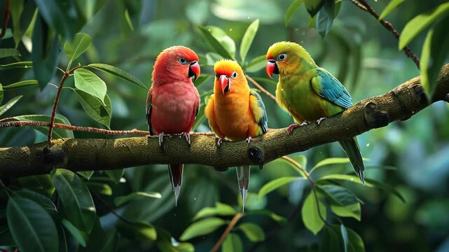 Colorful parrot trio perched on a branch surrounded by lush greenery in a tranquil forest setting