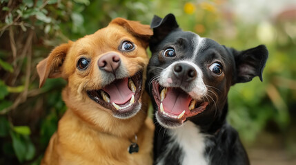 Obraz premium Two happy dogs smiling showing teeth outdoors