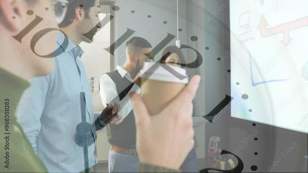 Poster animation of clock moving over diverse colleagues discussing work