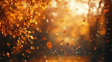 Golden Leaves Falling Through the Air in a Sunlit Forest