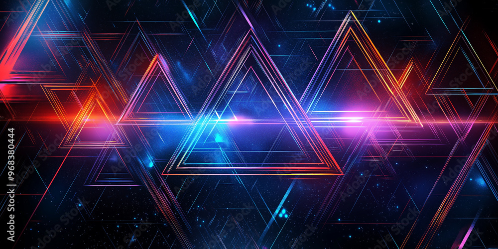 Poster Abstract technology background with glowing triangles and lines forming futuristic neon cyberspace