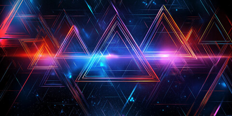 Abstract technology background with glowing triangles and lines forming futuristic neon cyberspace
