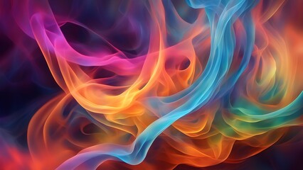 Abstract colorful smoke-like swirls in a dark background.