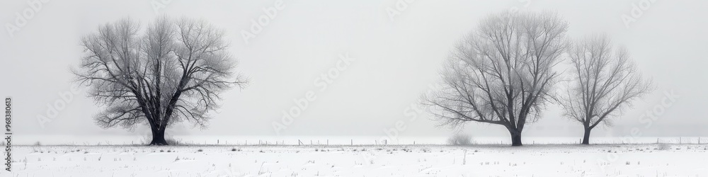 Poster barren trees in a wintry field beneath overcast skies create an enchanting and simplistic scenery.