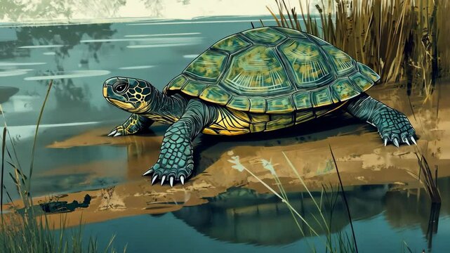 A turtle crawls along the riverbank in a serene landscape, showcasing nature's tranquility and beauty during a sunny afternoon