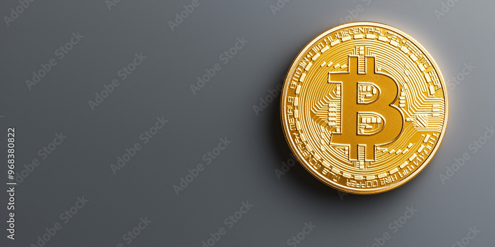 Poster Golden bitcoin is lying on a gray background with copy space