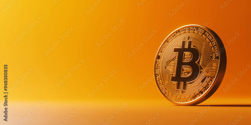 Poster golden bitcoin coin is standing on a colorful background