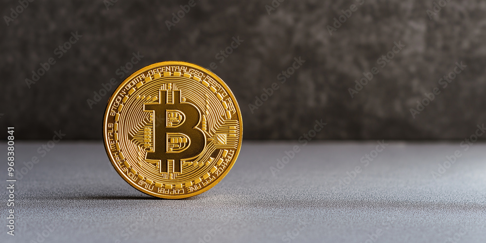 Poster bitcoin cryptocurrency standing on dark grey background with copy space
