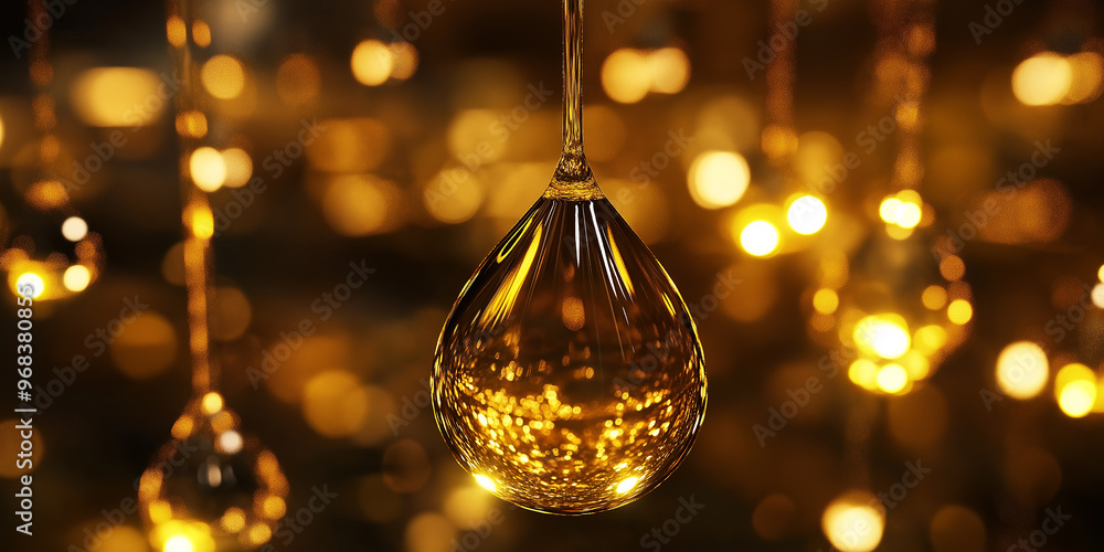 Poster golden liquid drop hanging with bokeh background