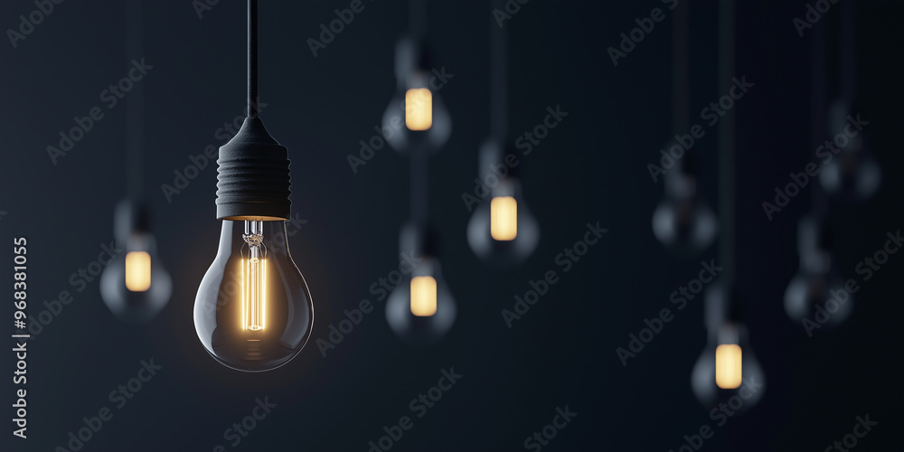Aufkleber one lit light bulb hanging with others not lit on a dark background