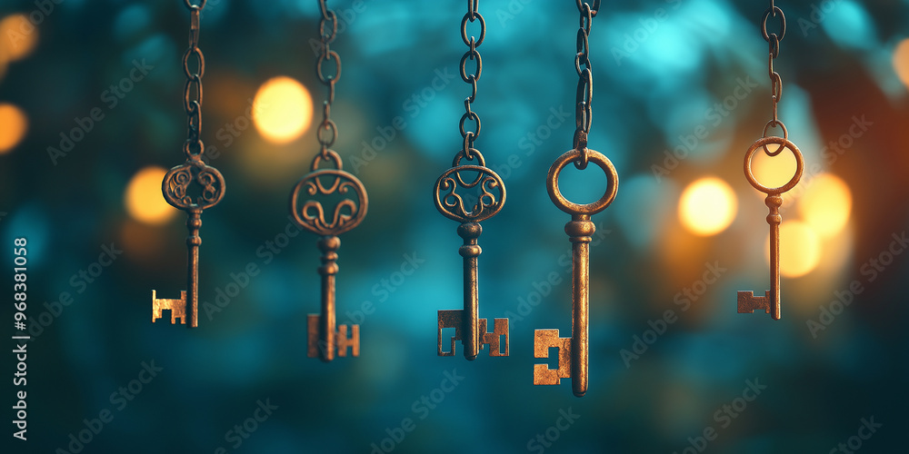 Poster five old keys hanging on chains representing choices and solutions