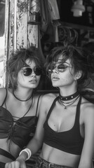 Two young female friends sitting in a doorway, bohemian fashion sense and stye. Fine art black and white image. 

