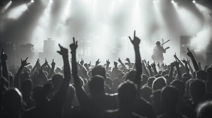 Crowds of party goers and music lovers enjoying themselves at a music festival concert. 
