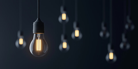 One lit light bulb hanging with others not lit on a dark background