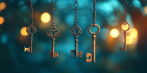 Five old keys hanging on chains representing choices and solutions