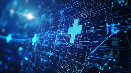 Blue digital healthcare cross emerging from futuristic technological background