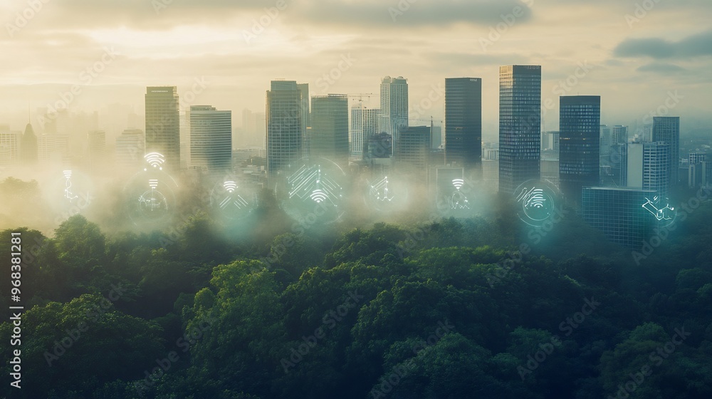 Poster a panoramic view of a modern city with skyscrapers and green trees with futuristic digital icons flo