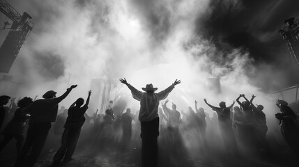 Crowds of party goers and music lovers enjoying themselves at a music festival concert. 