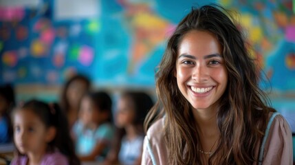 Smiling female teacher in a colorful classroom with young students in the background, creating a joyful and positive learning environment.