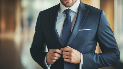 Businessman buttoning his suit jacket getting ready for work