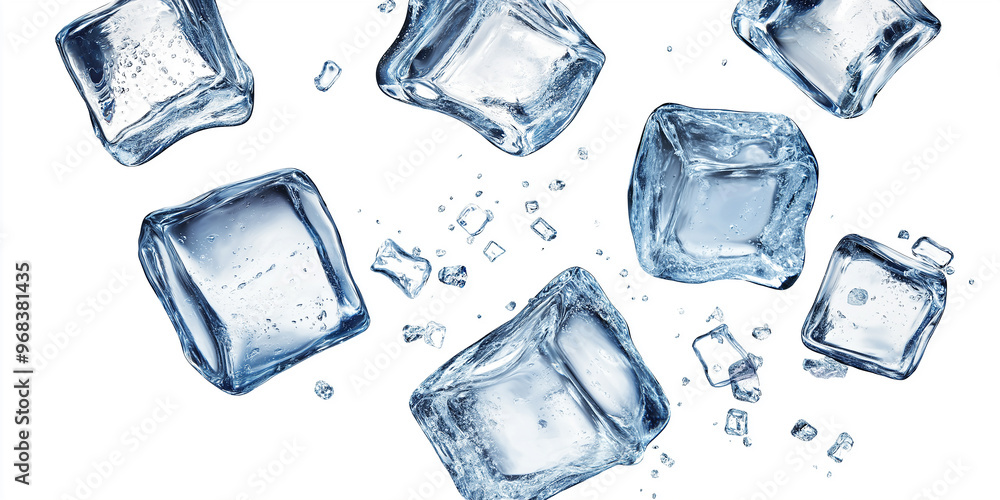 Poster Ice cubes falling and rotating on white background