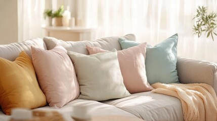 Soft pastel cushions arranged on a cozy couch in a serene living room.