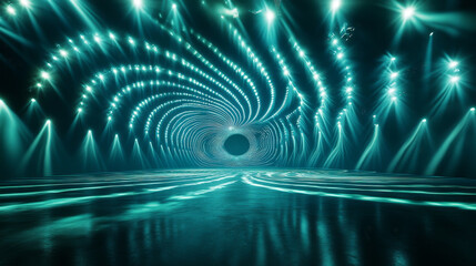 A mesmerizing display of complex light spirals over stage, featuring deep blue hues and vibrant illumination. atmosphere is electric and captivating, perfect for an unforgettable performance