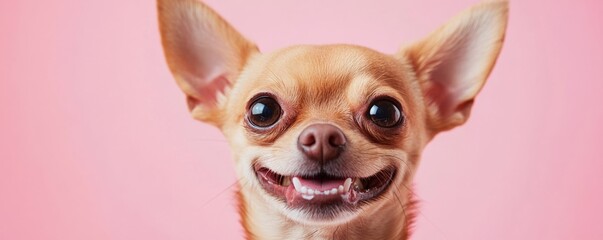 Smiling chihuahua dog on pink background, close
