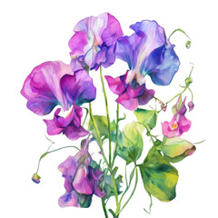 purple and pink flower with branch and leaves isolated on white background