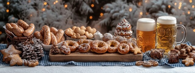 Fototapeta premium Authentic Oktoberfest Snack Platter with Pretzels and Sausages, Delicious Oktoberfest Feast Traditional Bavarian Snacks and Beer, Rustic Oktoberfest Table with Classic German Snacks and Drinks