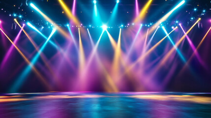 Vibrant concert stage with intersecting light beams creating dynamic atmosphere, perfect for live performances and events. colorful lights enhance excitement and energy of scene