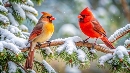 Vividly colored northern cardinals, a striking male and female pair, sit serenely on a winter tree branch, their